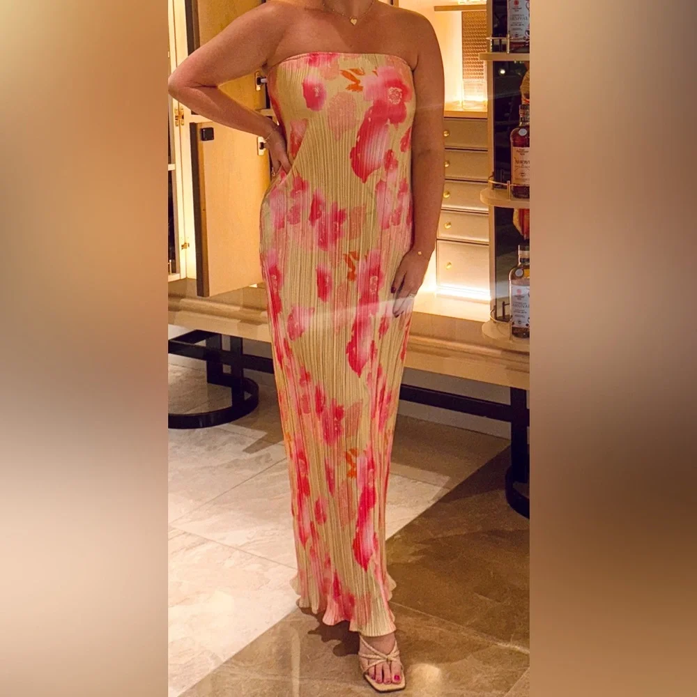 Elegant Pink Floral Strapless Dress - Picture 4 of 7